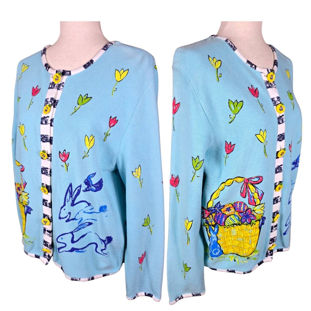 Easter Sweater Size M‎ Spring Floral Bunny Blue Cottagecore Garden